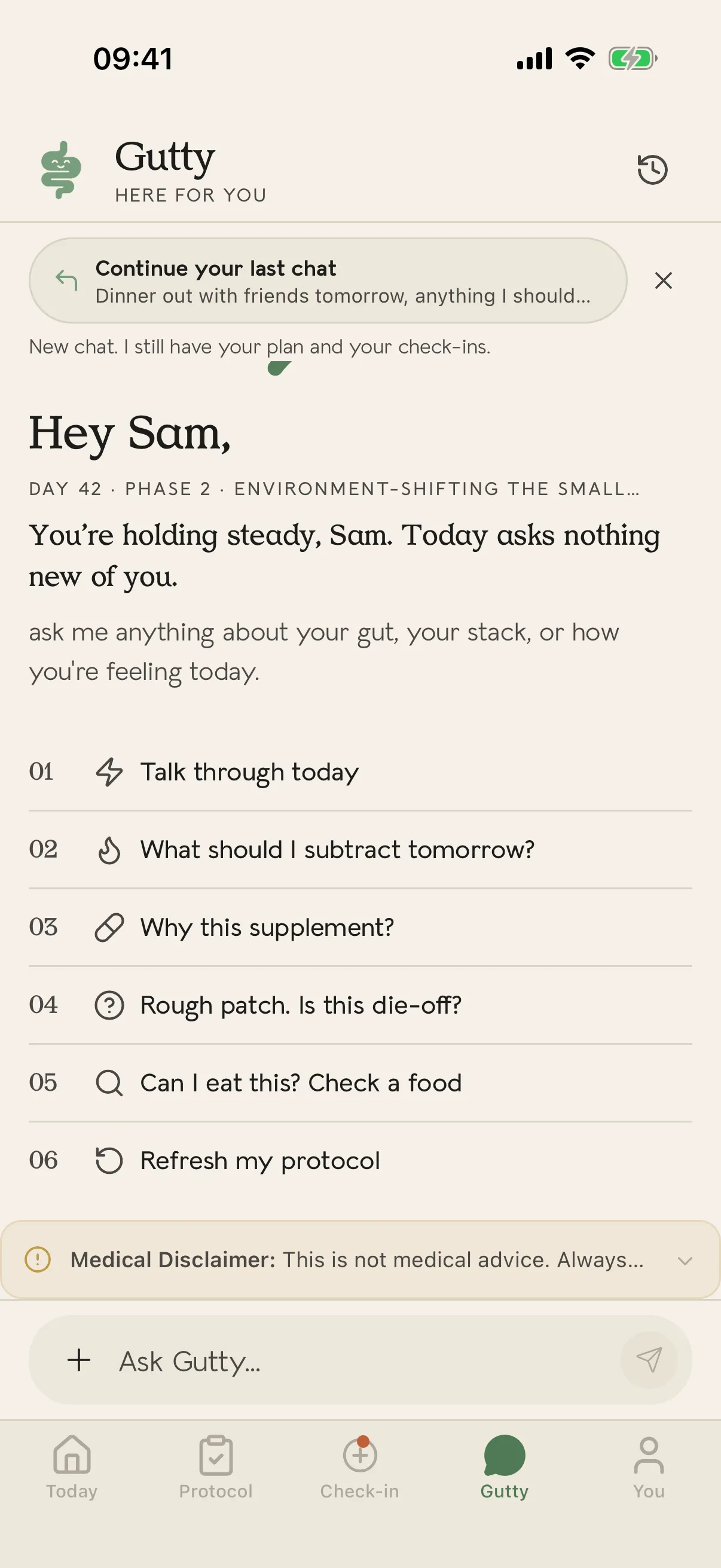 Gutty, the AI coach, with its suggestion chips in today's app