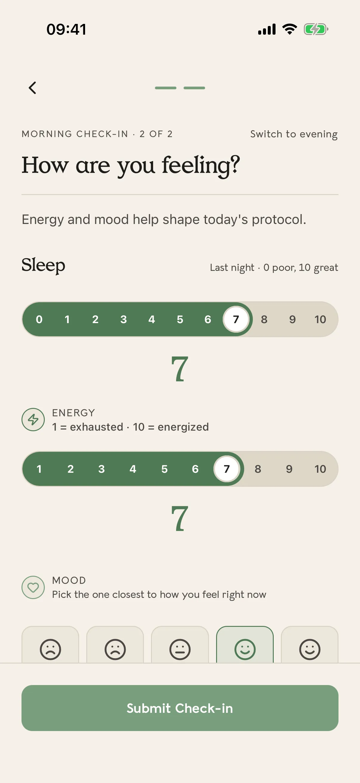 The check-in slider for sleep in the GutFix app