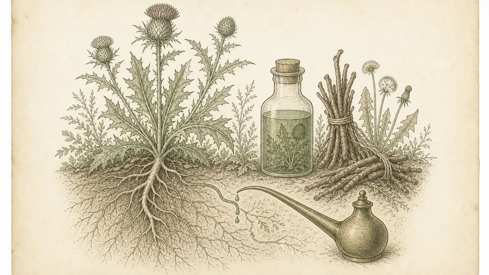 Inked botanical plate of milk thistle, dandelion root, and an apothecary bottle linked by a channeled root pathway