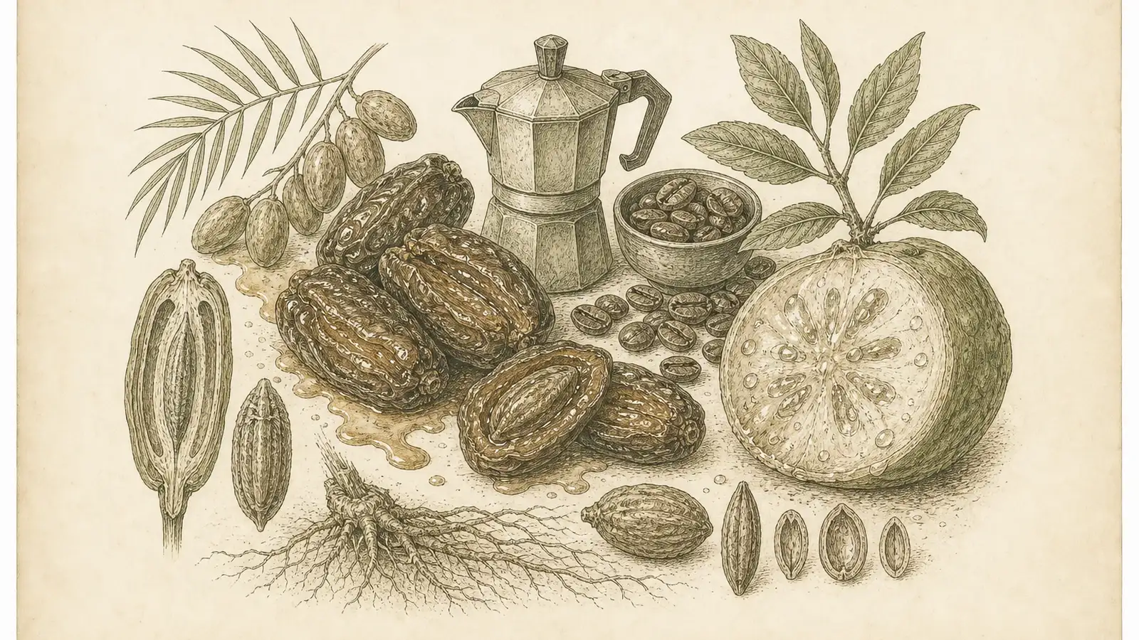 Inked botanical plate of halved dates, coffee beans, and an espresso pot with fruit cross-sections