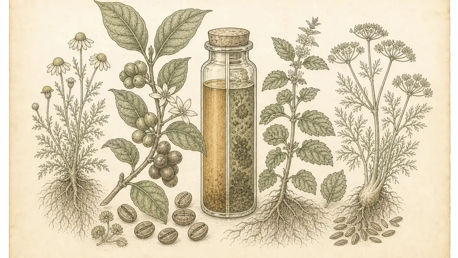 Inked botanical plate of coffee cherries, a bile vial shifting from clear to murky, and chamomile, mint, fennel roots