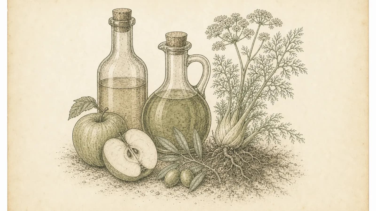Inked botanical plate of a vinegar bottle, olive oil cruet, sliced apple, and rooted fennel sprig