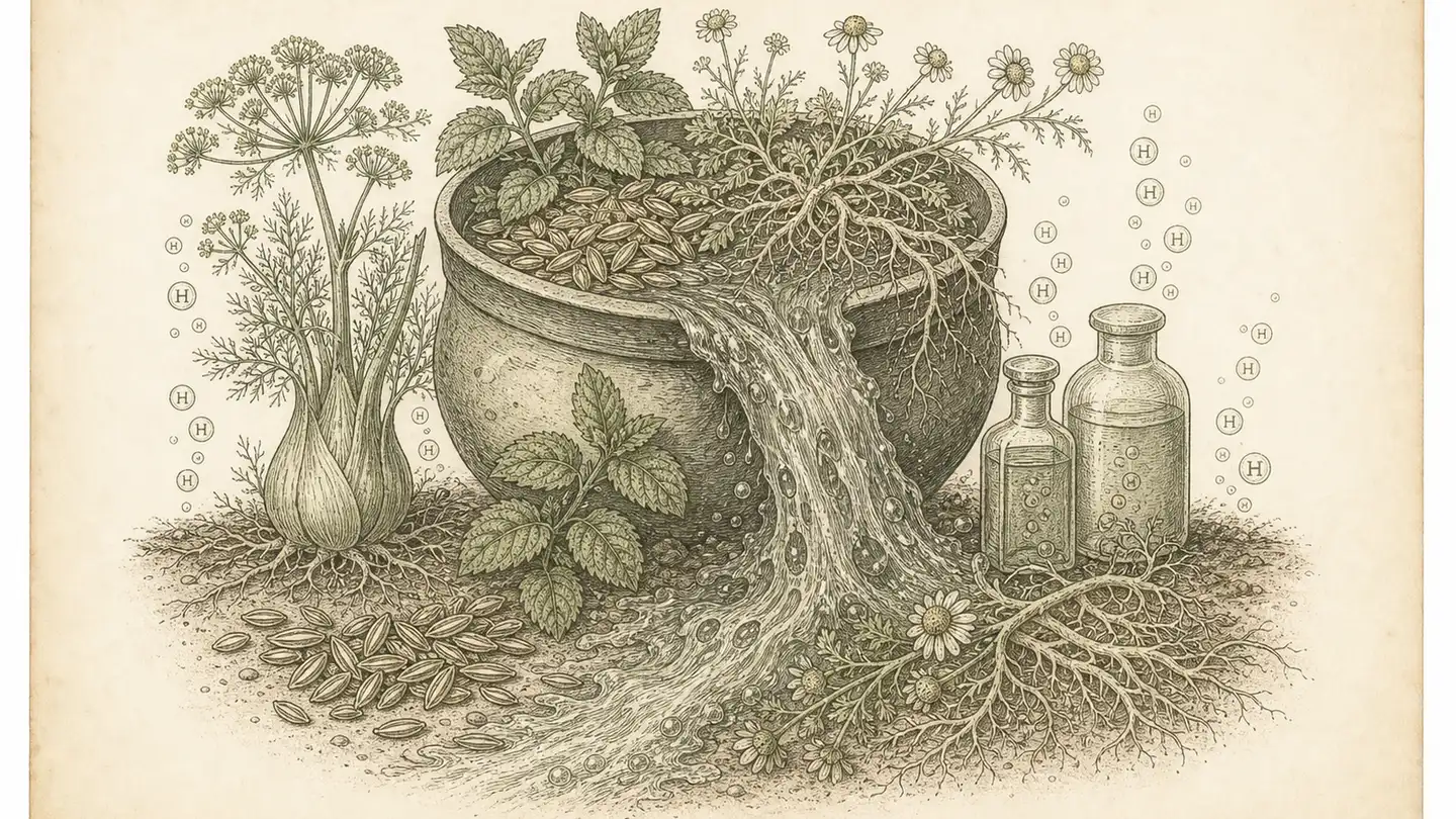 Inked botanical plate of an overflowing root vessel with fennel, mint and chamomile specimens and rising gas bubbles