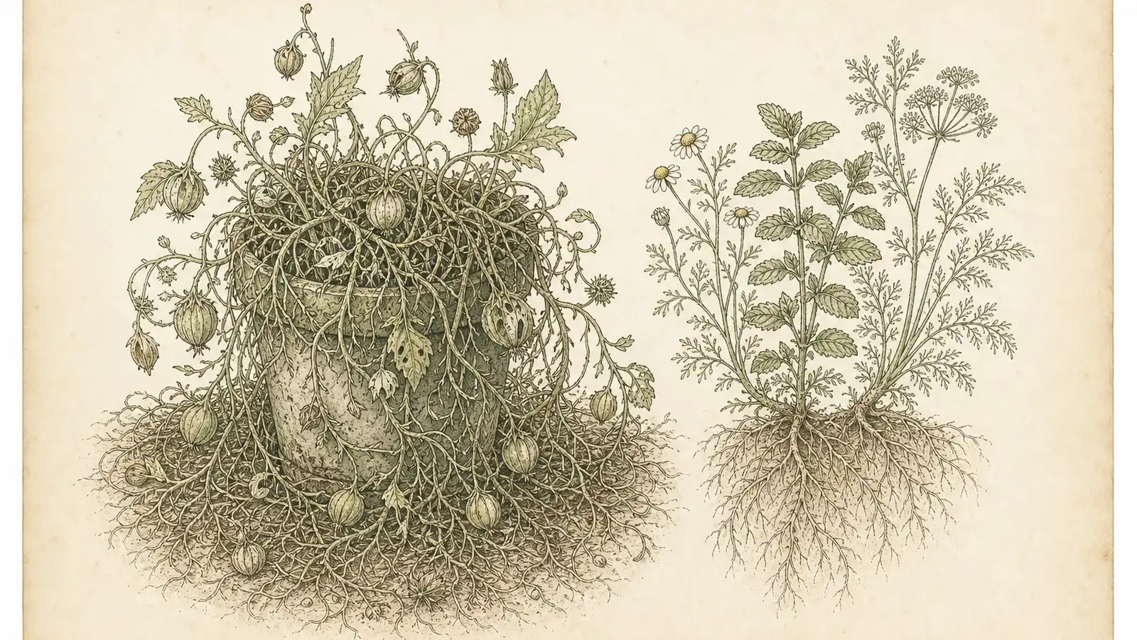 Inked botanical plate of tangled overfed roots beside a calmer sprig of chamomile, mint and fennel