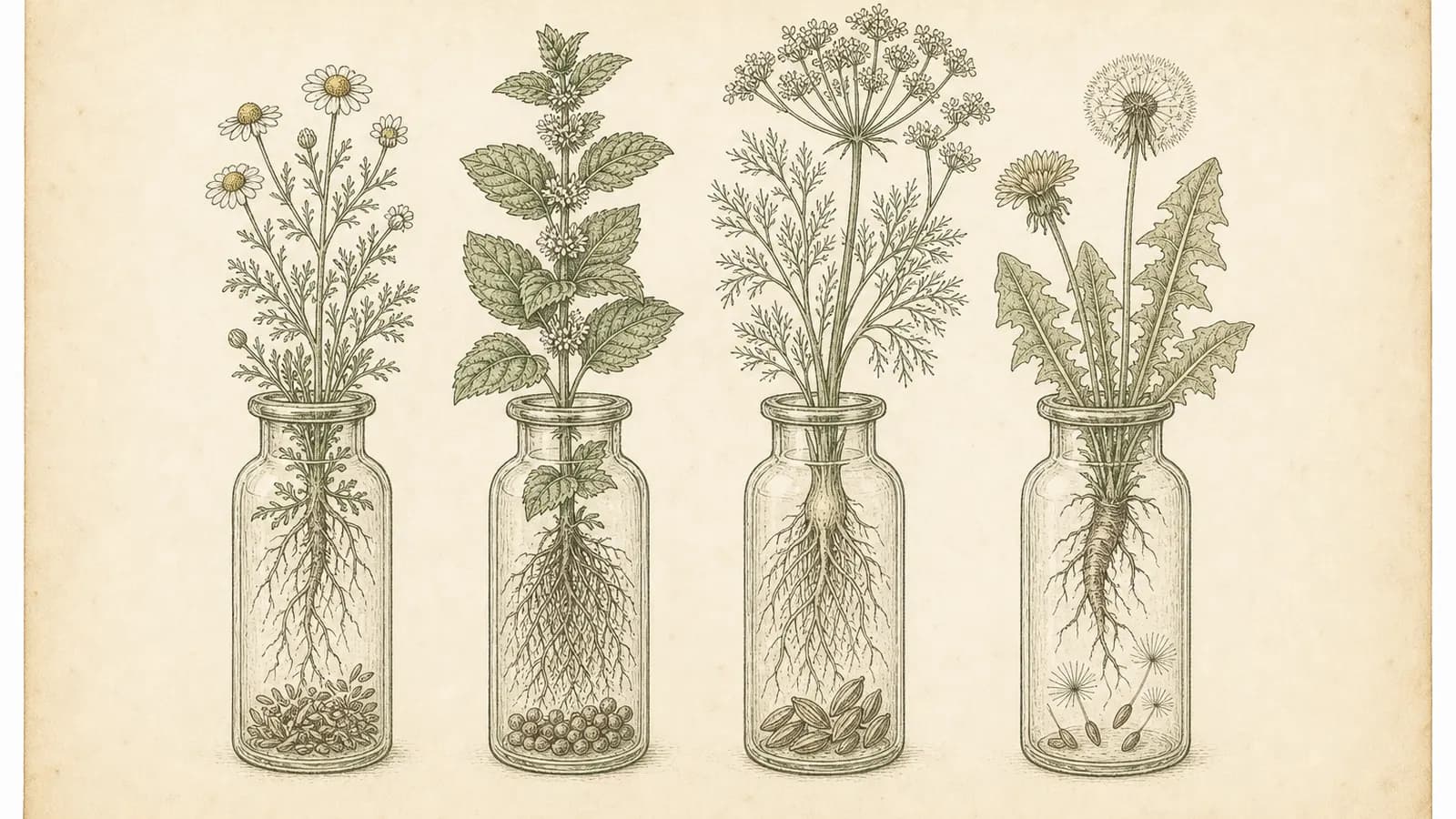 Vintage botanical plate of chamomile, mint, fennel and dandelion, each rooted specimen in its own labeled glass vial