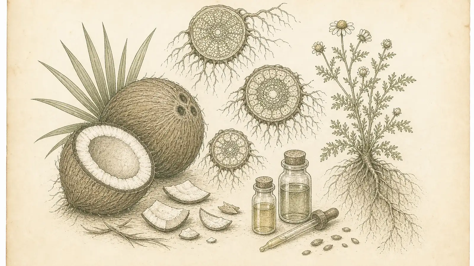 Botanical plate of a split coconut, oil vials, dropper, and rooted chamomile sprig in vintage ink style