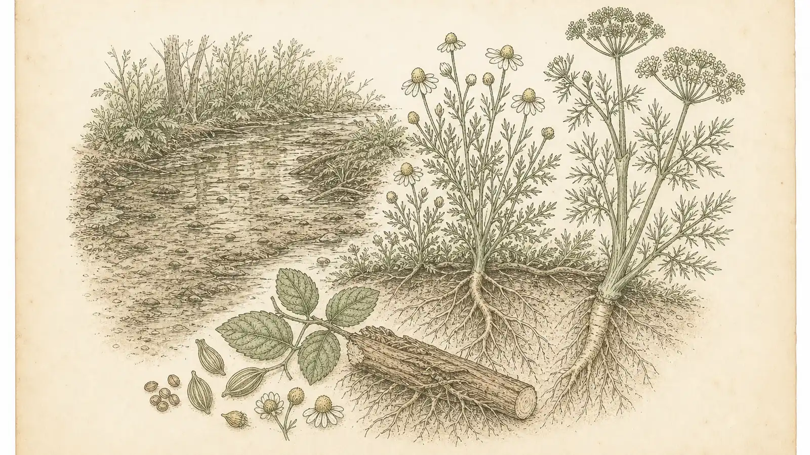 Inked botanical plate of a silt-slowed stream beside chamomile, fennel, and slippery elm root specimens