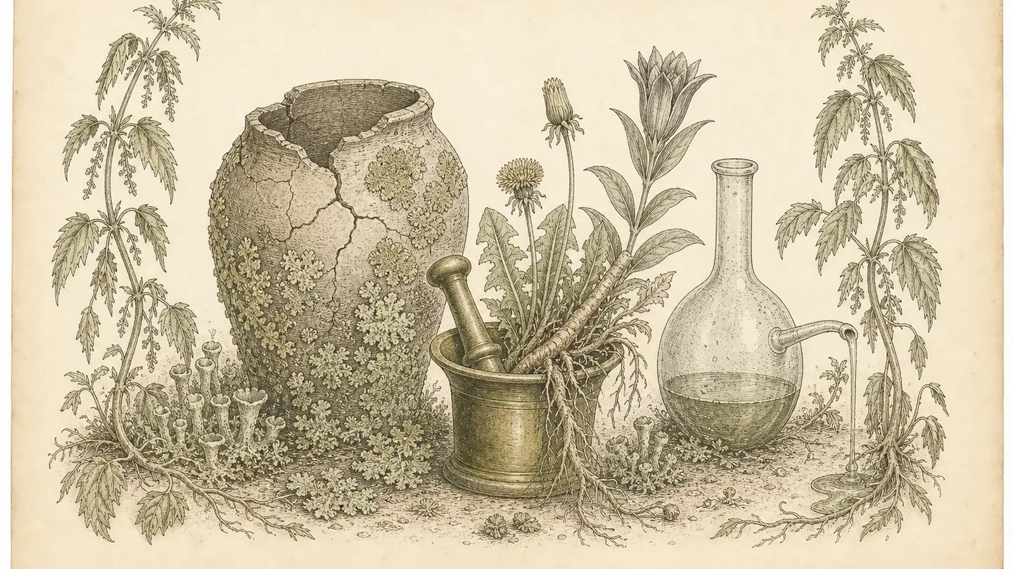 Ink botanical plate of a cracked lined vessel, bitter roots in a mortar, and a slow-dripping flask