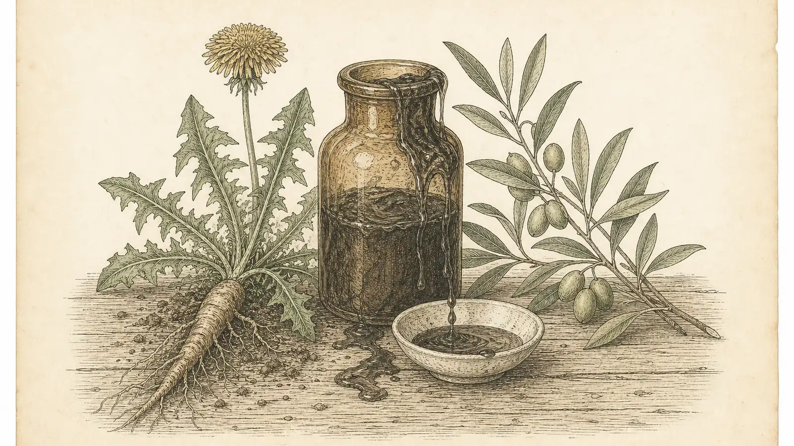 Vintage botanical plate of an overflowing tincture bottle, dandelion root, and olive sprig on a wooden table