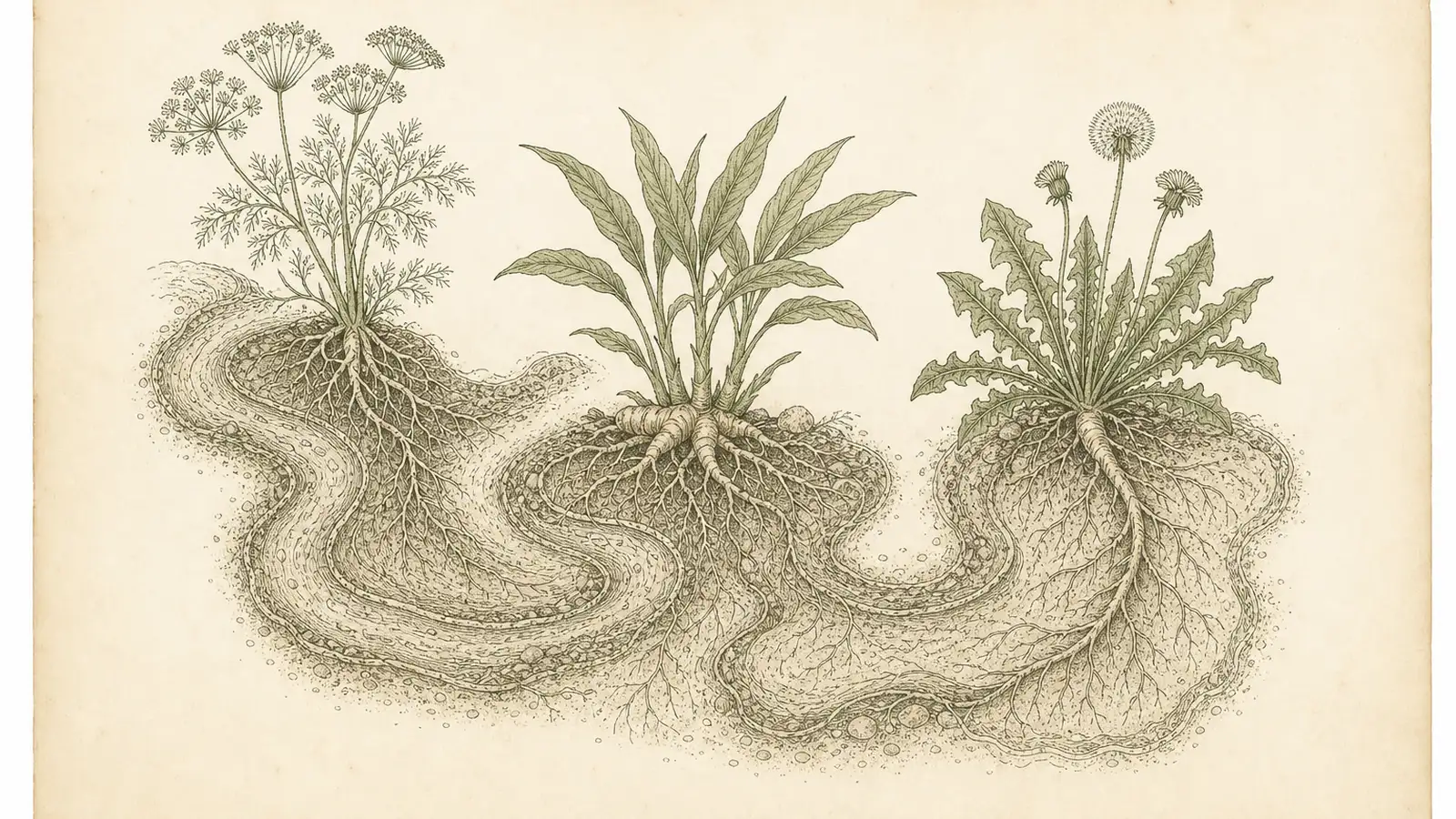 Ink botanical plate of fennel, ginger and dandelion roots winding like a slow river across the page
