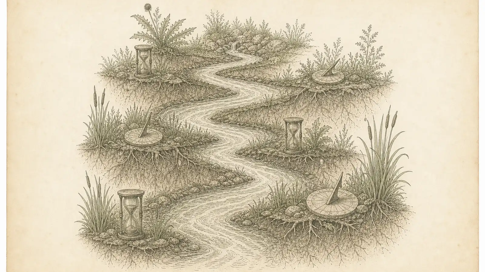 Vintage botanical plate of a winding inked river through root systems, with sundials marking distance from the source