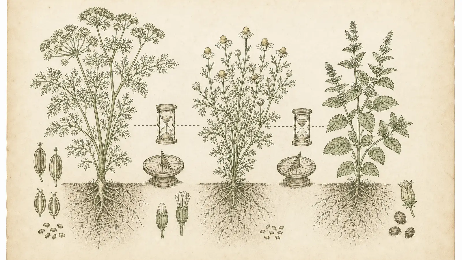 Inked botanical plate of fennel, chamomile and mint specimens arranged in sequence with small sundial and hourglass symbols between them