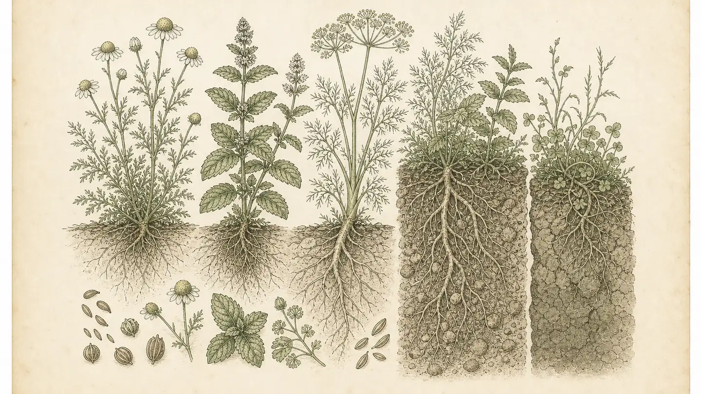 Vintage botanical plate of chamomile, mint and fennel roots beside healthy versus weed-choked soil columns