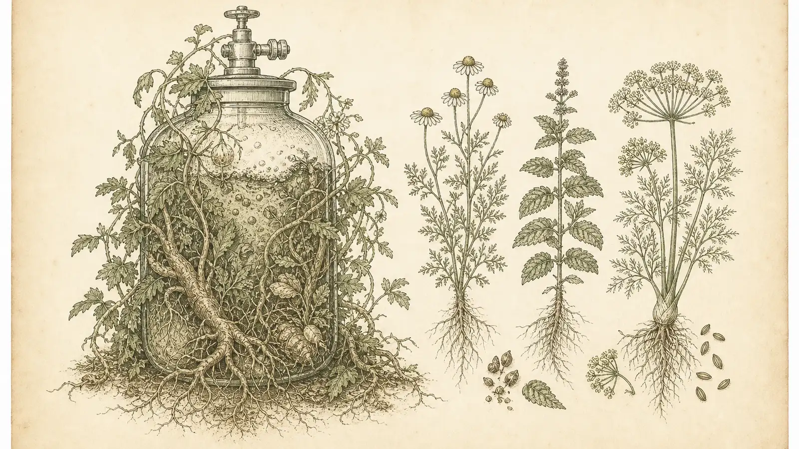 Inked botanical plate of an overflowing root-choked jar beside neat chamomile, mint and fennel specimens