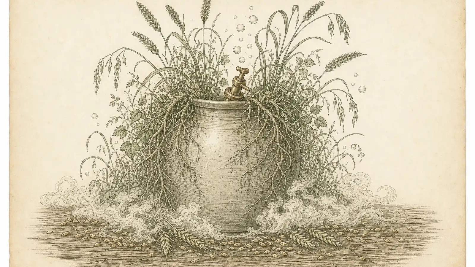 Vintage botanical plate of a stoneware jar overrun with wild grasses, roots, and scattered barley grains