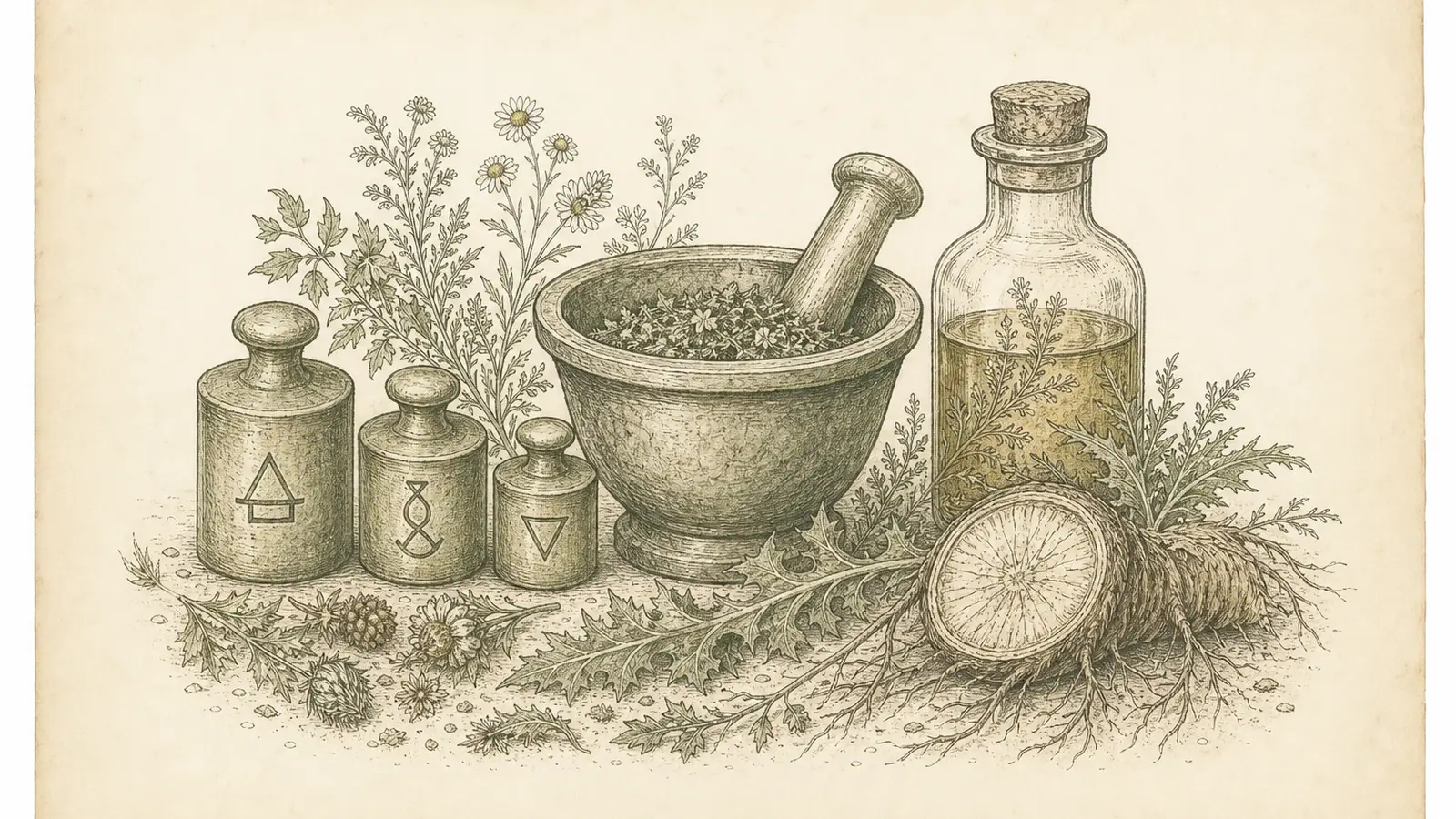 Inked botanical plate of three apothecary scale-weights, a tincture bottle, mortar, and a husked root on a journal table