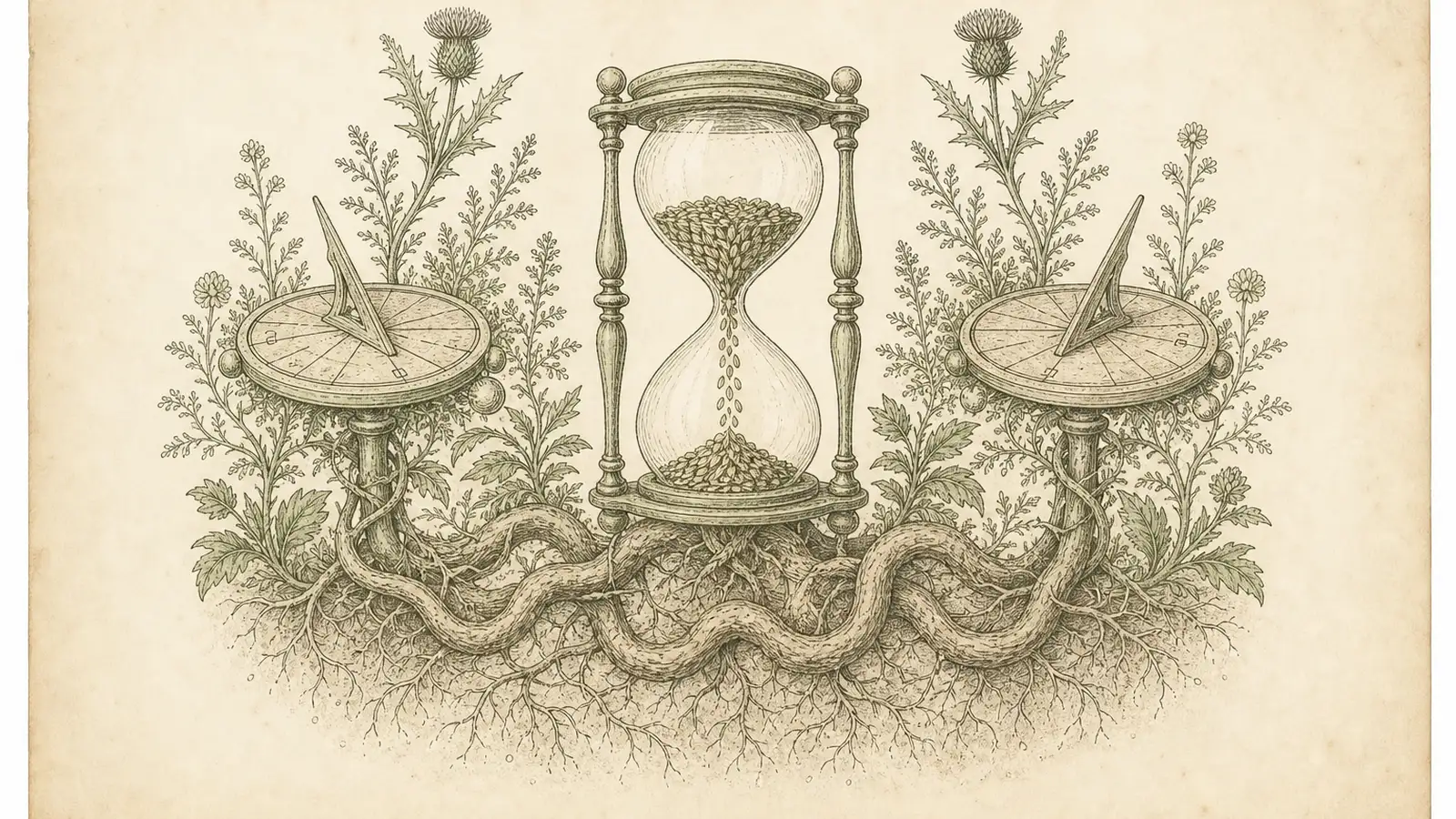 Vintage plate of an hourglass vessel between sundials, sand as grain husks, over a coiled root system