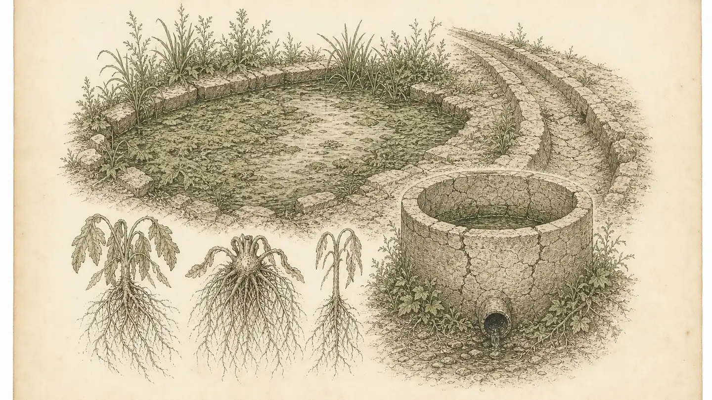 Inked botanical plate of a weed-choked stagnant pool, cracked cistern, and dried channel with labeled root specimens