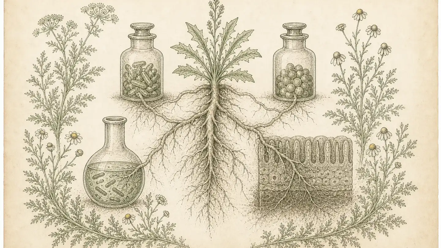 Botanical plate of one root split between a bacteria flask and a gut-lining cutting, bordered by fennel and chamomile