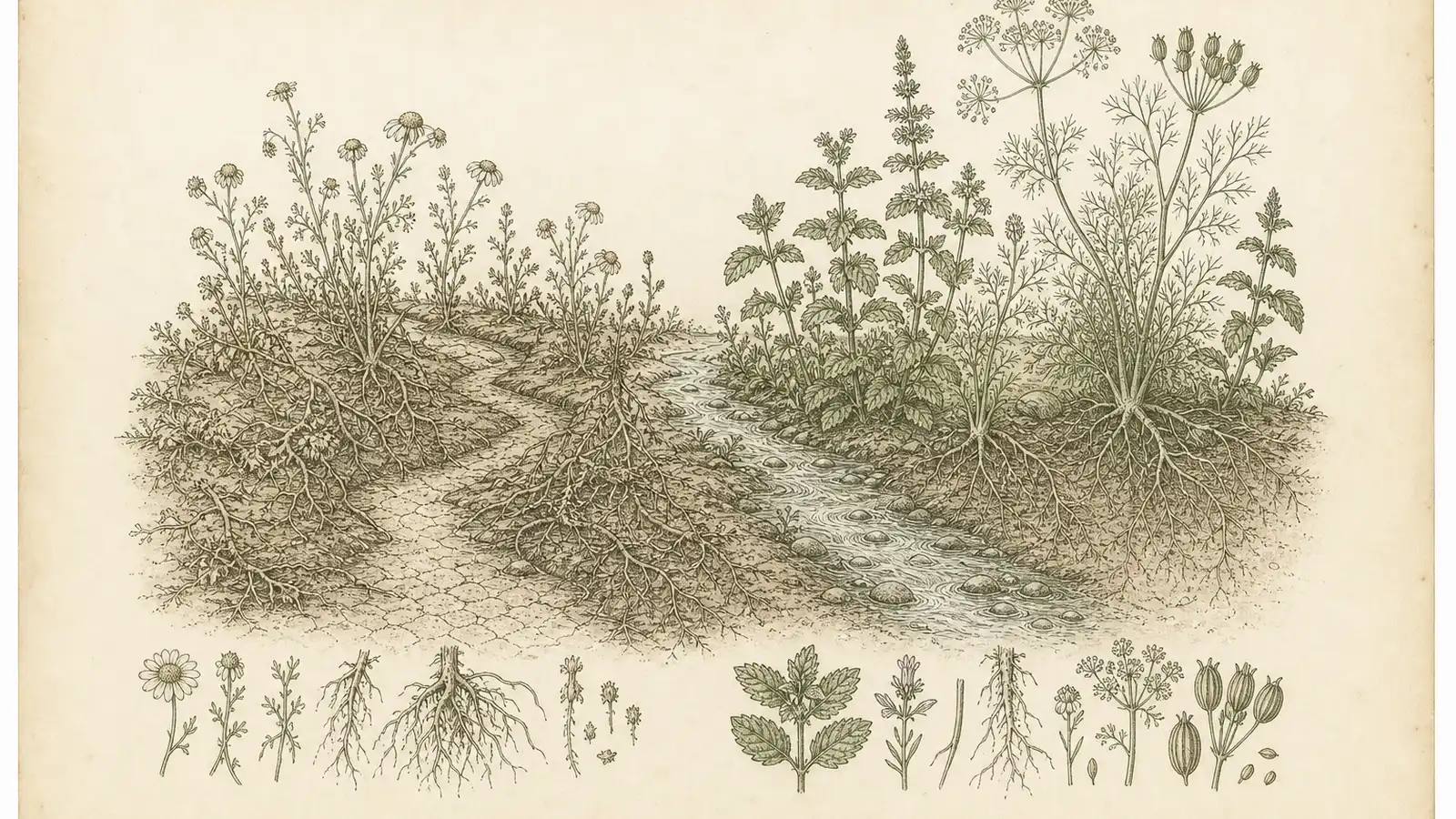 Botanical plate contrasting a weed-choked dry streambed with a clear channel of mint, fennel and chamomile roots