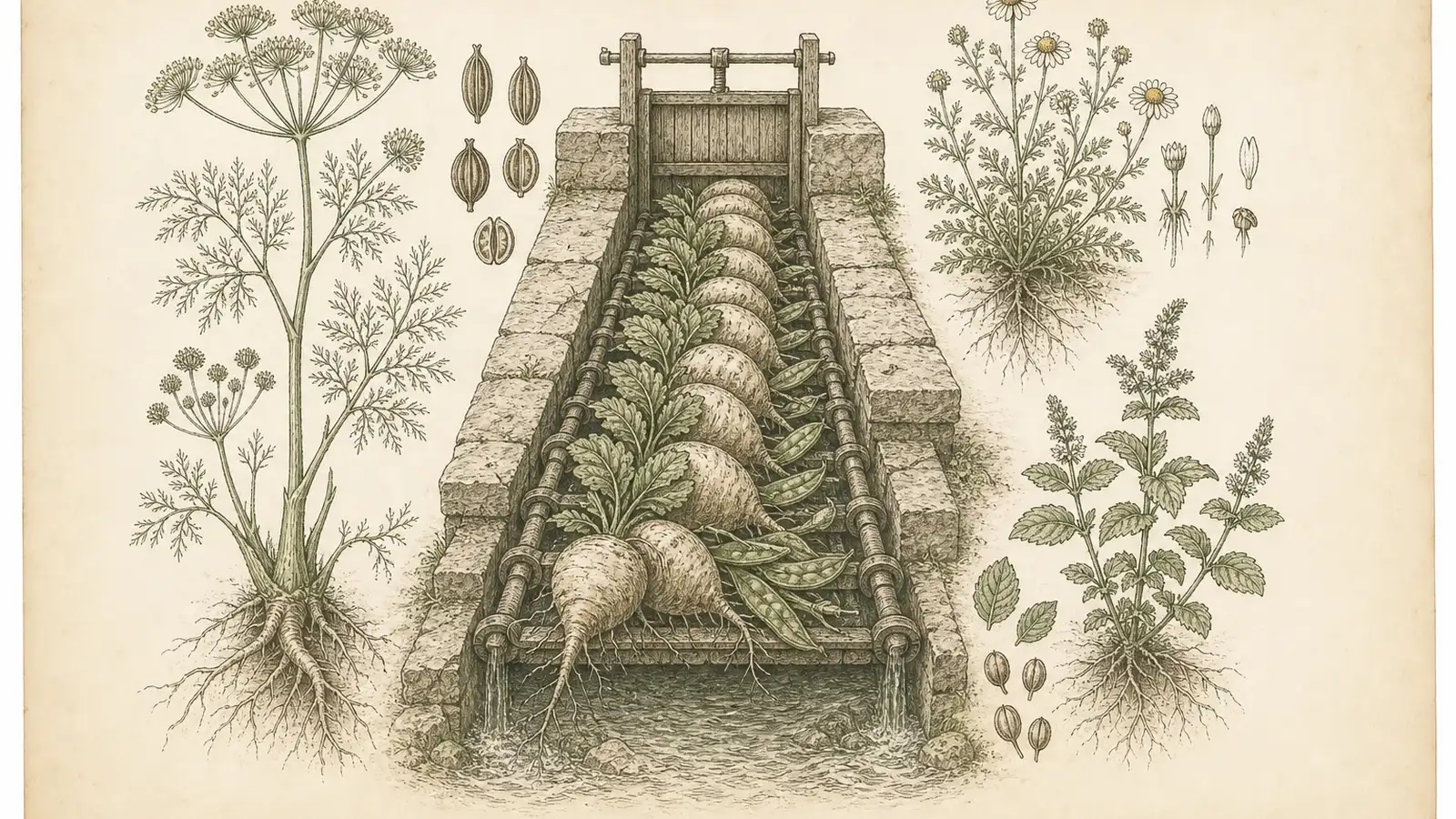 Inked botanical plate of roots and pods jammed behind a stone sluice gate, with fennel and chamomile sketches