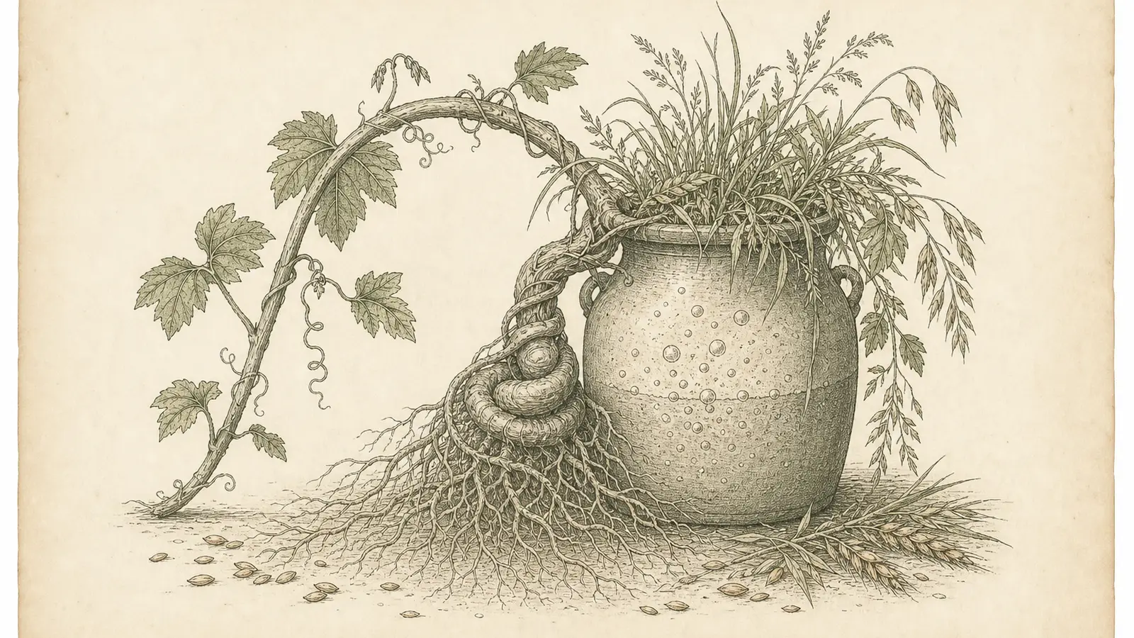 Inked botanical plate of a bowed vine stem pinching a coiled root above a bubbling stoneware jar with wild grasses and barley grains