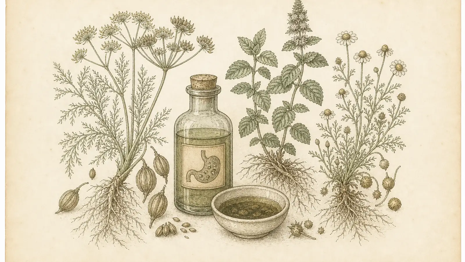 Botanical plate of fennel, mint, and chamomile with roots, seed pods, and an apothecary bottle