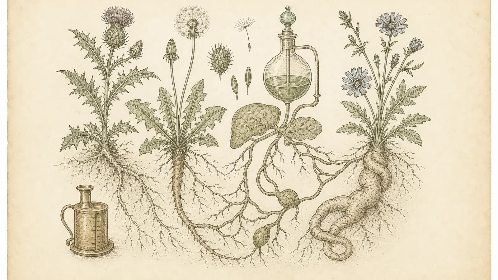 Inked botanical plate of milk thistle, dandelion root, and chicory coil beside a glass flask and branching root channels