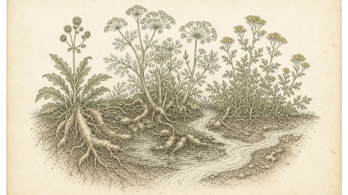 Inked botanical plate of roots and herbs beside a slow winding river channel, apothecary style
