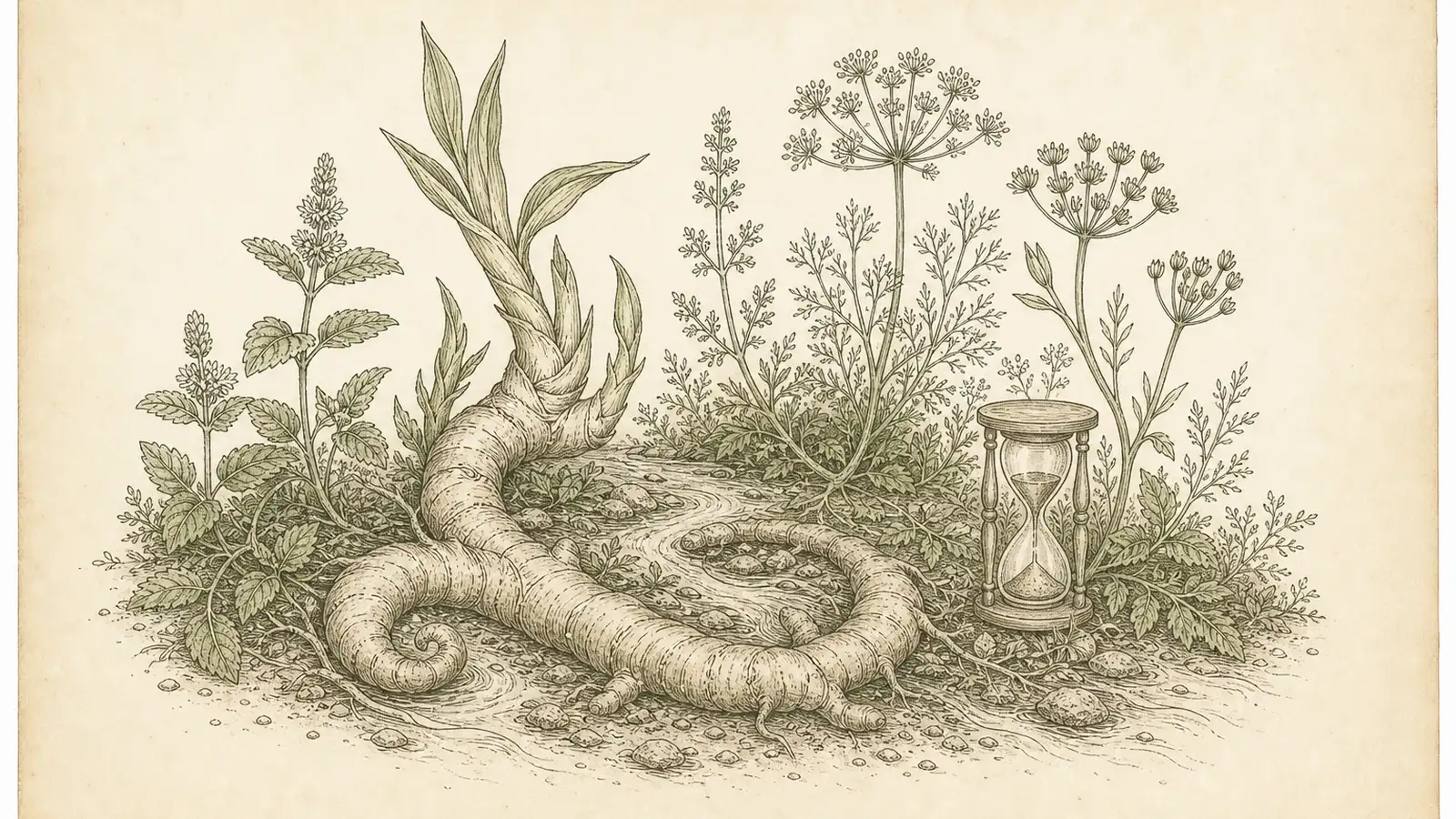 Botanical plate of ginger root, mint, and fennel arranged around an hourglass, evoking a slow-moving current