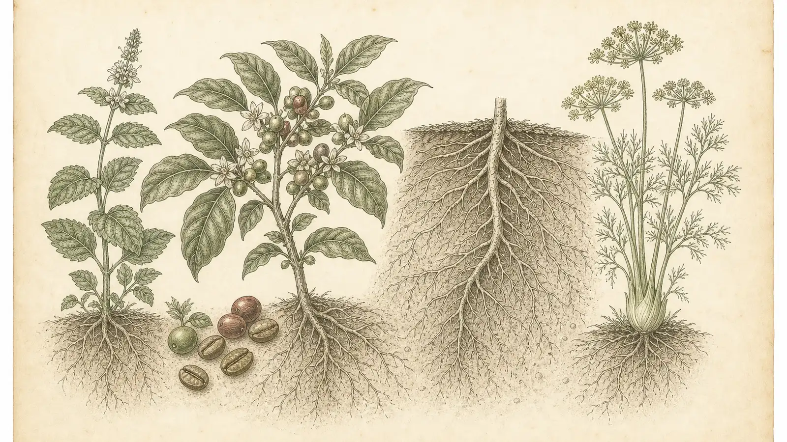 Inked botanical plate of coffee branch, beans, and roots alongside mint and fennel specimens
