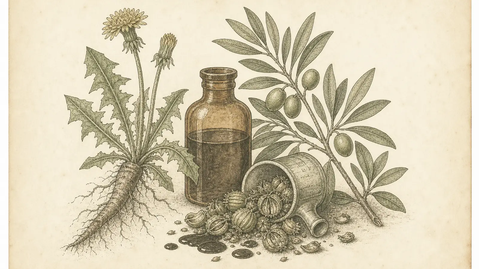 Vintage botanical plate of a tincture bottle, dandelion root, olive sprig, and dark liquid drops beside an overflowing seed vessel