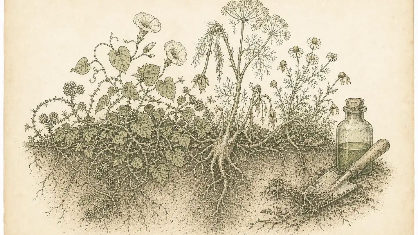 Inked botanical plate of tangled brambles overtaking wilting fennel and chamomile roots in cross-section soil