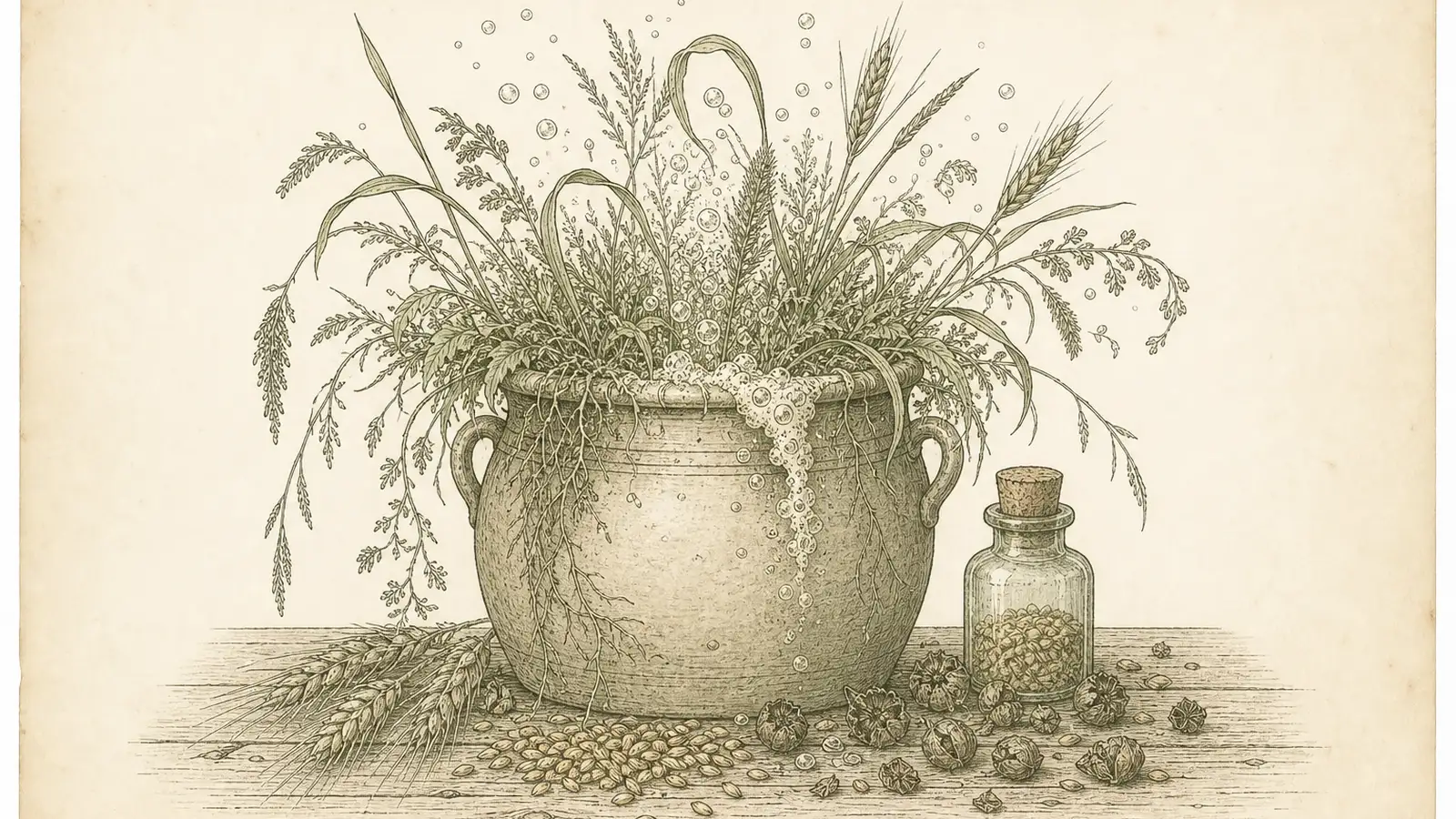 Vintage botanical plate of an overflowing fermenting jar with wild grasses, barley grains, and a corked vial