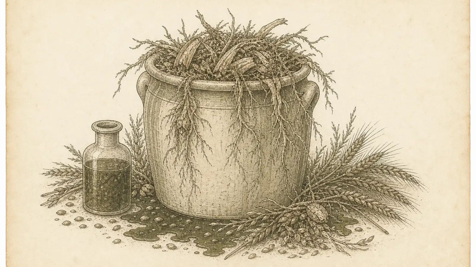 Vintage botanical plate of a fermenting crock overflowing with fibrous roots and dark pooling liquid