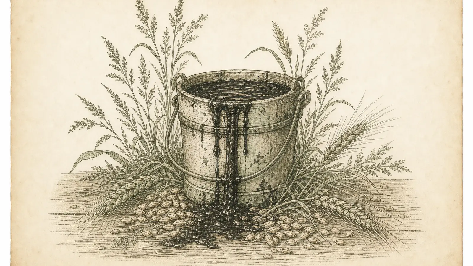 Inked botanical plate of an overflowing apothecary bucket spilling dark extract over barley grains and wild grasses