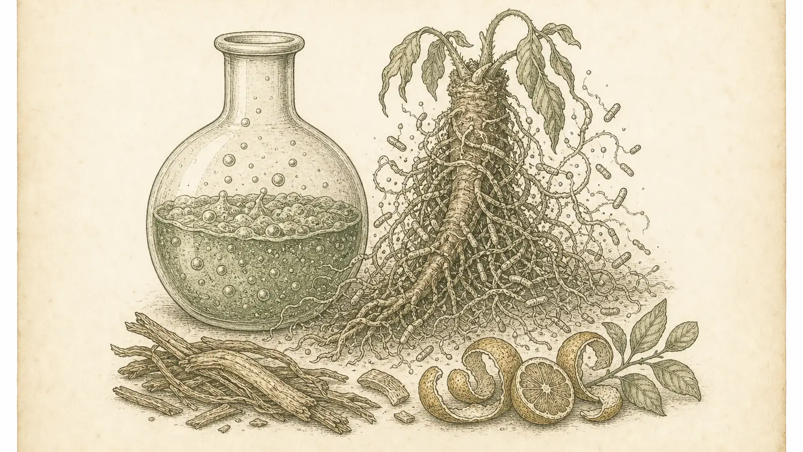 Inked botanical plate of a gastric flask, overgrown root tangle, and dried gentian and citrus specimens