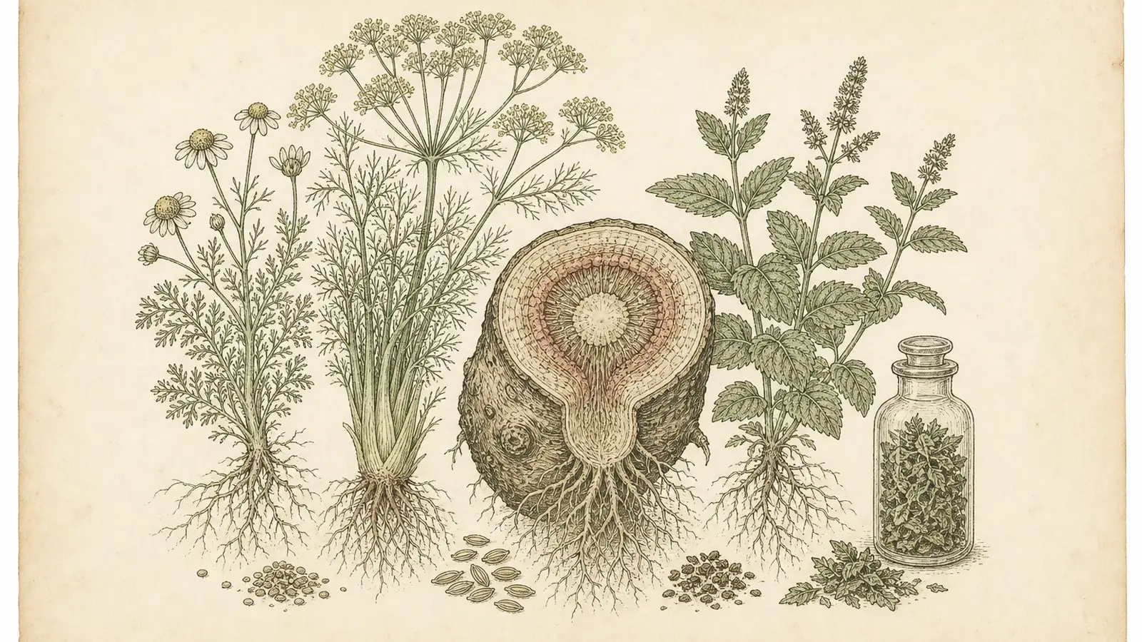 Inked botanical plate of a swollen root cross-section beside chamomile, fennel, and mint specimens with an apothecary vial