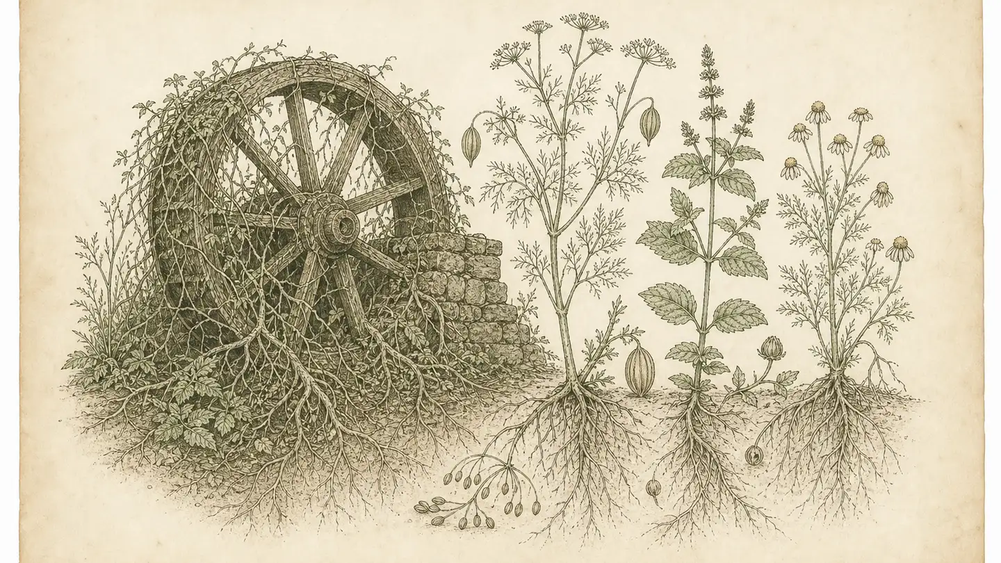 Inked botanical plate of a root-choked millwheel beside fennel, mint, and chamomile specimens with roots exposed