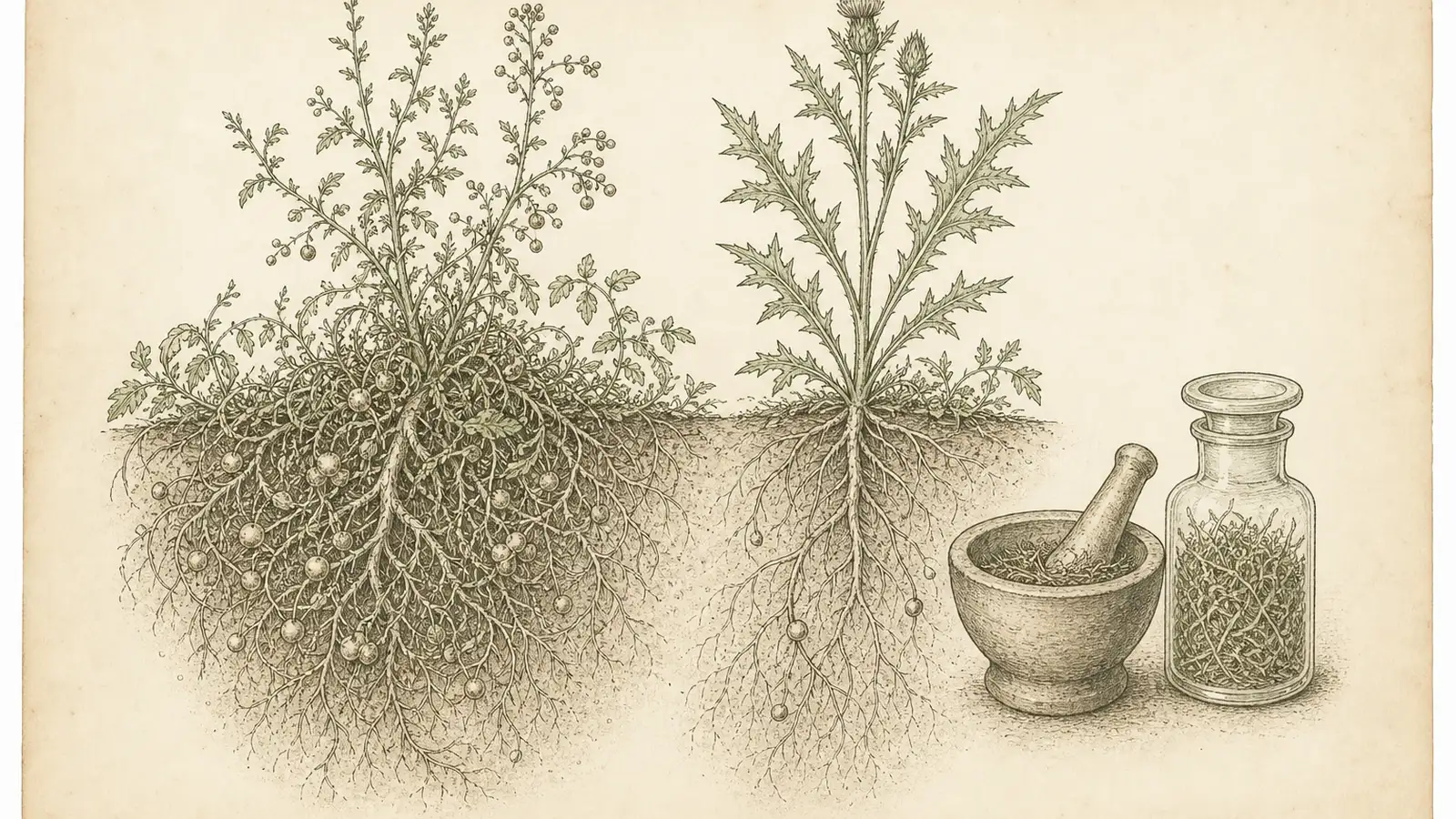 Inked botanical plate comparing a bloated, overgrown root sprig with a clean selective root beside apothecary jars and mortar