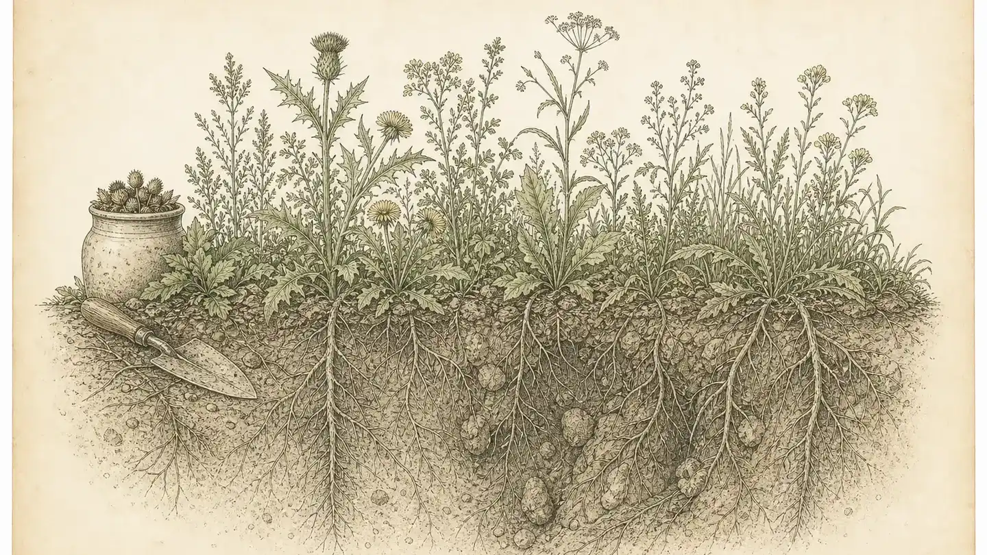 Inked plate of weeds with deep tangled roots in cracked, depleted garden soil beside a stoneware seed jar