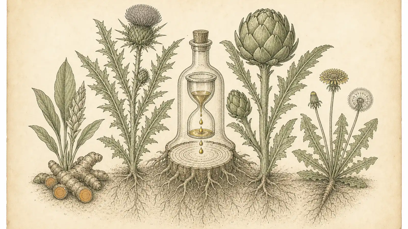 Vintage botanical plate of milk thistle, artichoke and dandelion beside an apothecary flask dripping golden droplets