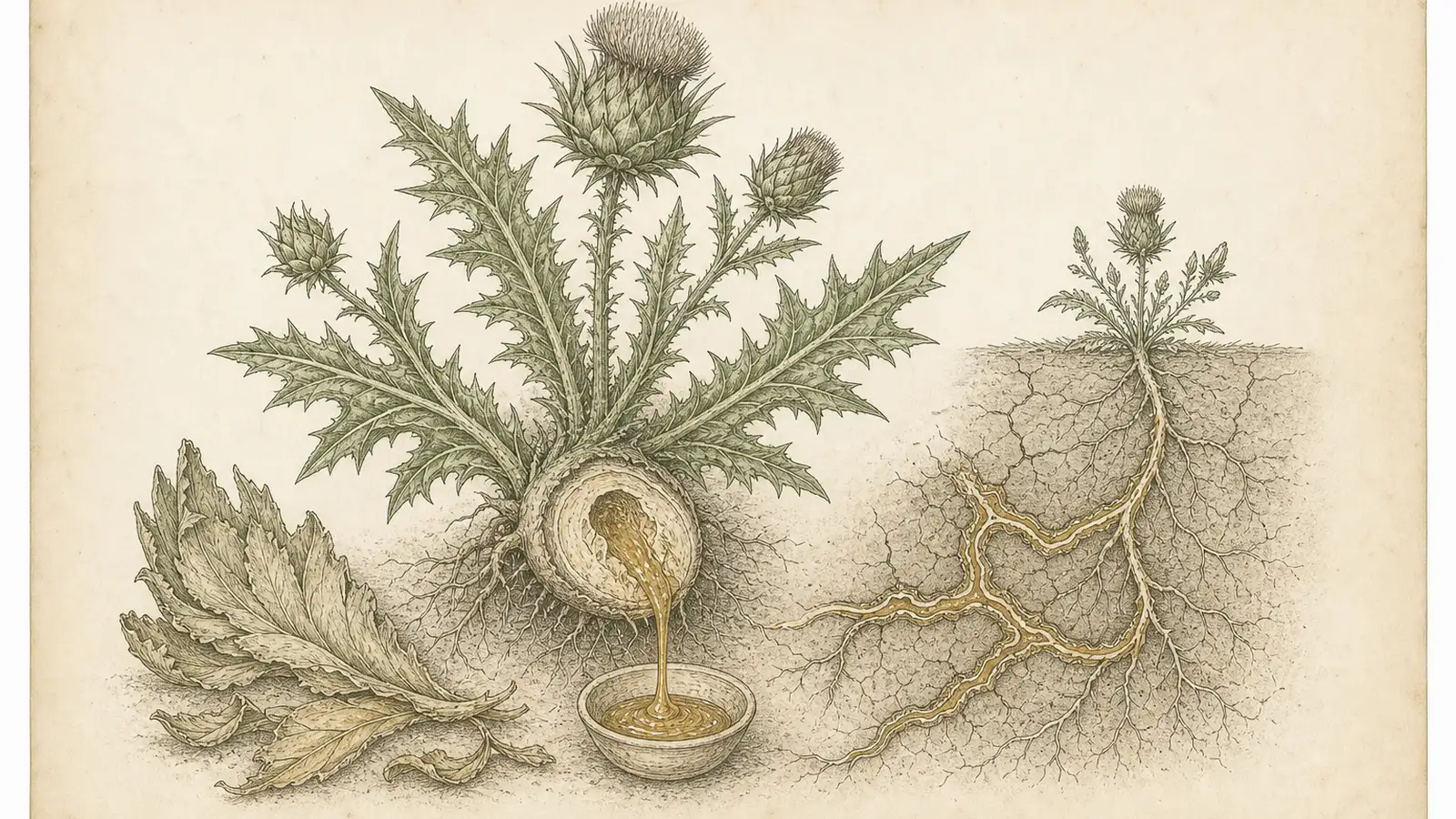 Ink botanical plate of milk thistle, resin vessel, artichoke leaves, and roots in cracked soil channels