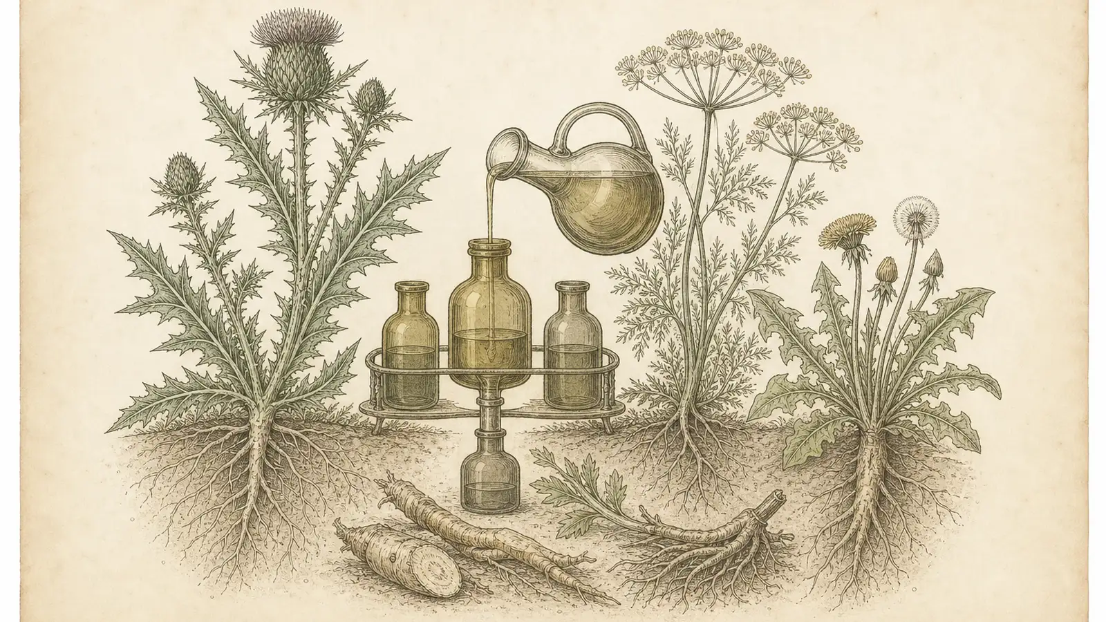 Inked plate of milk thistle, dandelion root and fennel beside amber apothecary bottles with slow-pouring oil