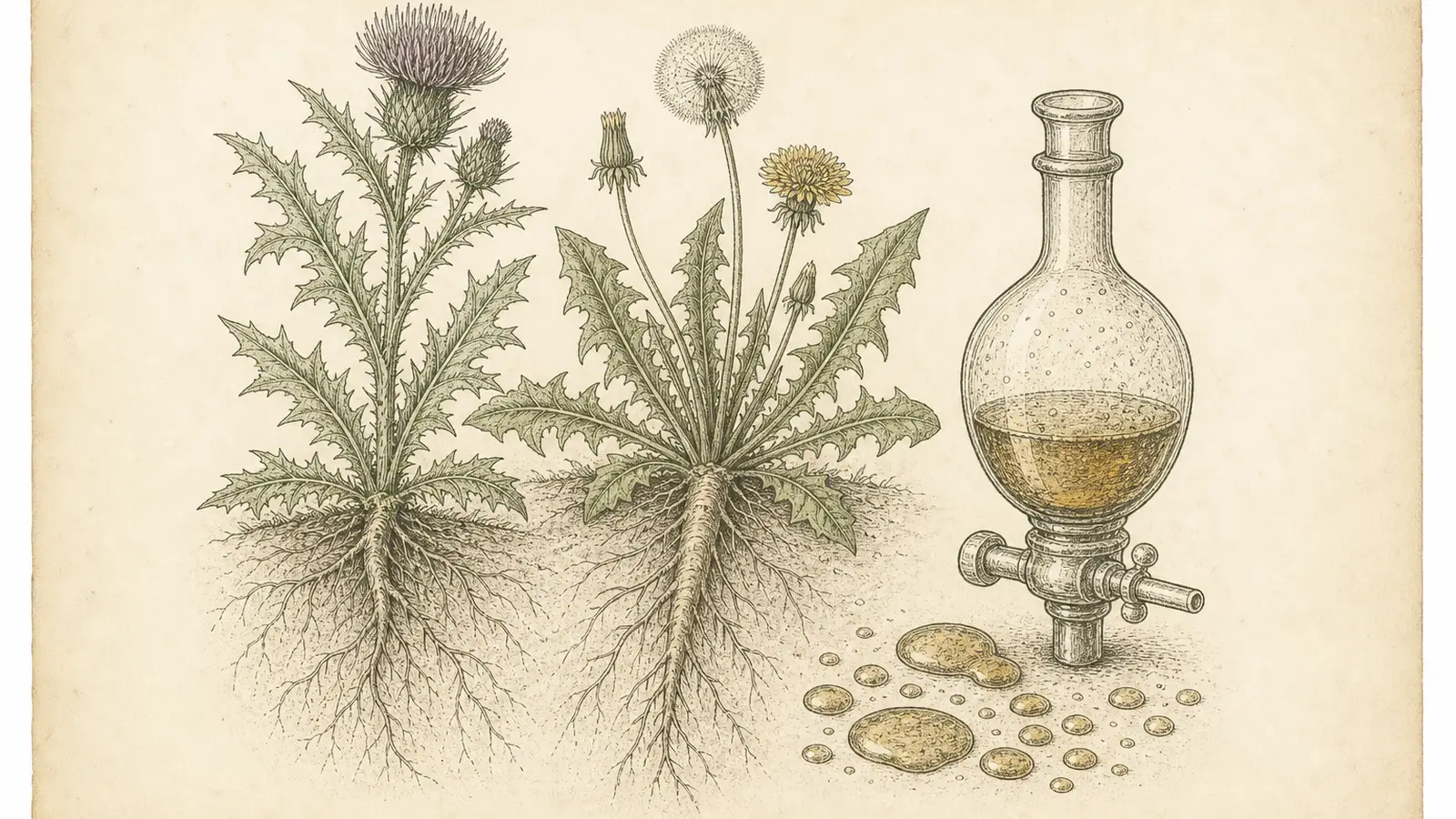 Inked botanical plate of milk thistle, dandelion root and an amber vessel with a narrow stopcock showing sluggish flow