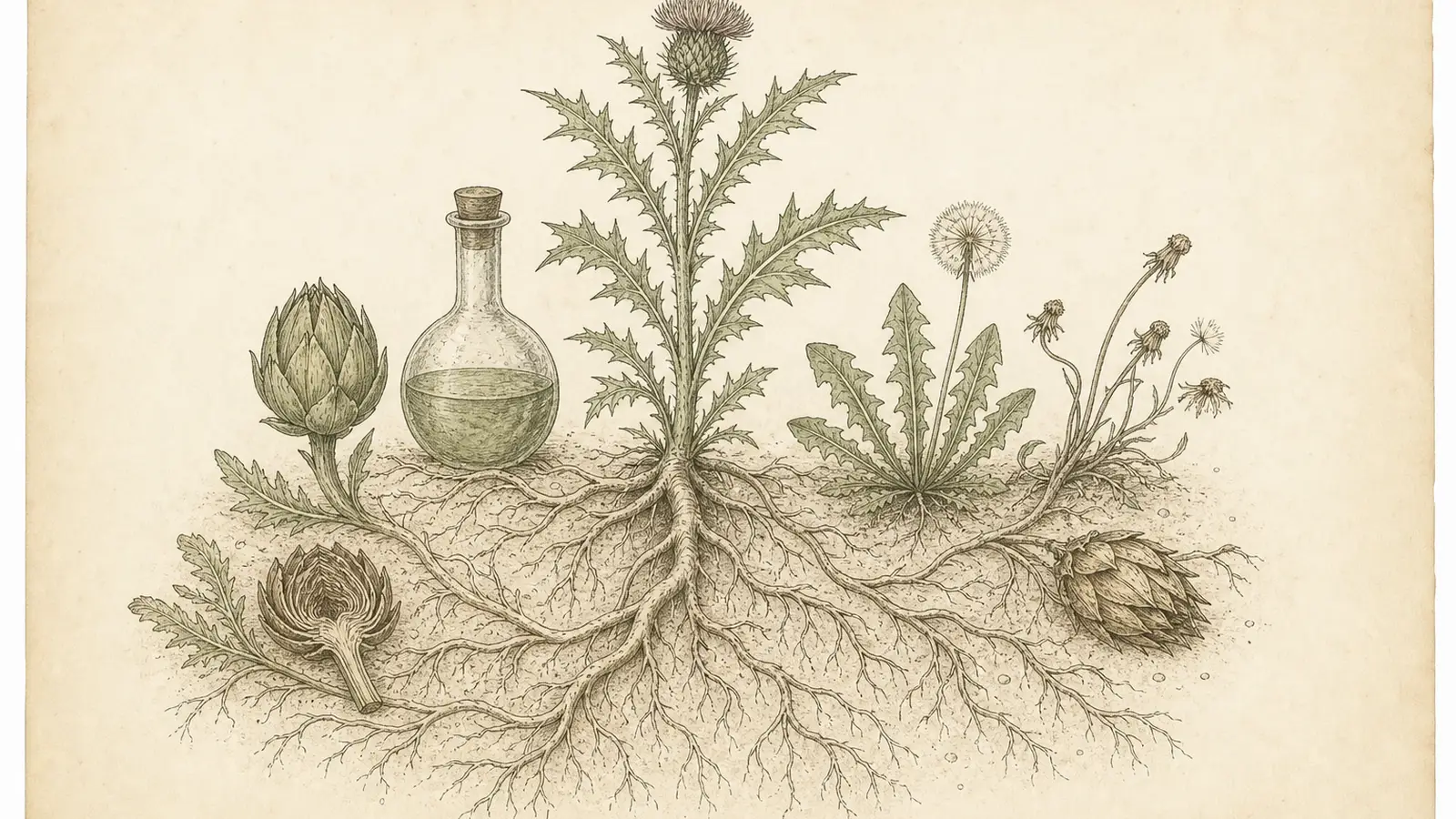 Inked botanical plate of milk thistle, dandelion and artichoke roots beside an old apothecary flask