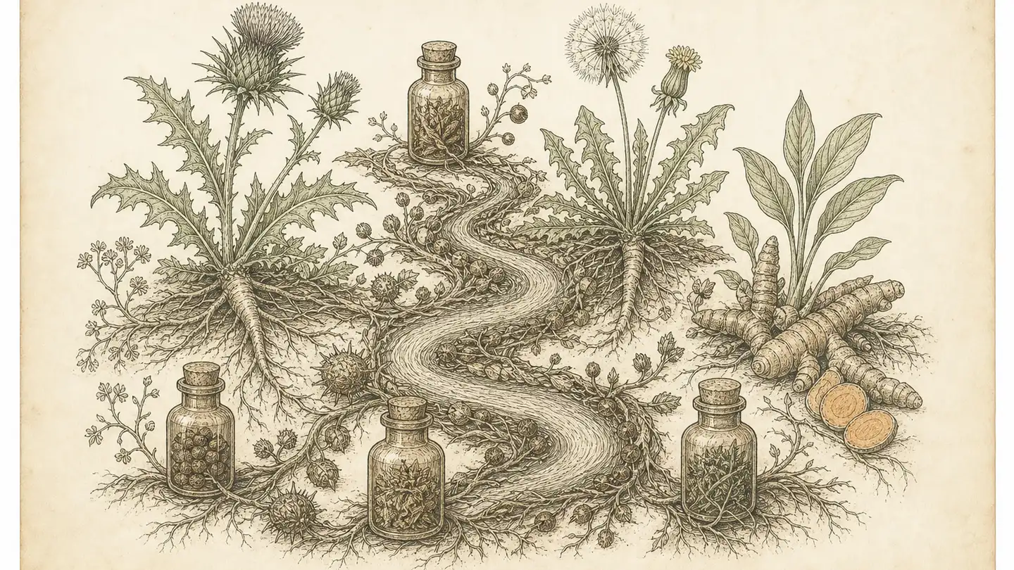 Inked botanical plate of milk thistle, dandelion root and turmeric beside a winding dried-root river motif with apothecary bitters bottles