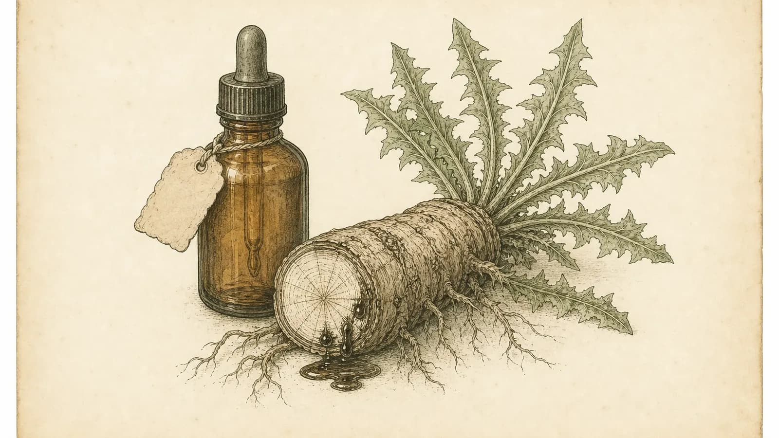 Vintage botanical plate of a tincture bottle and a sliced dandelion root with dark drops eating into its thinned surface