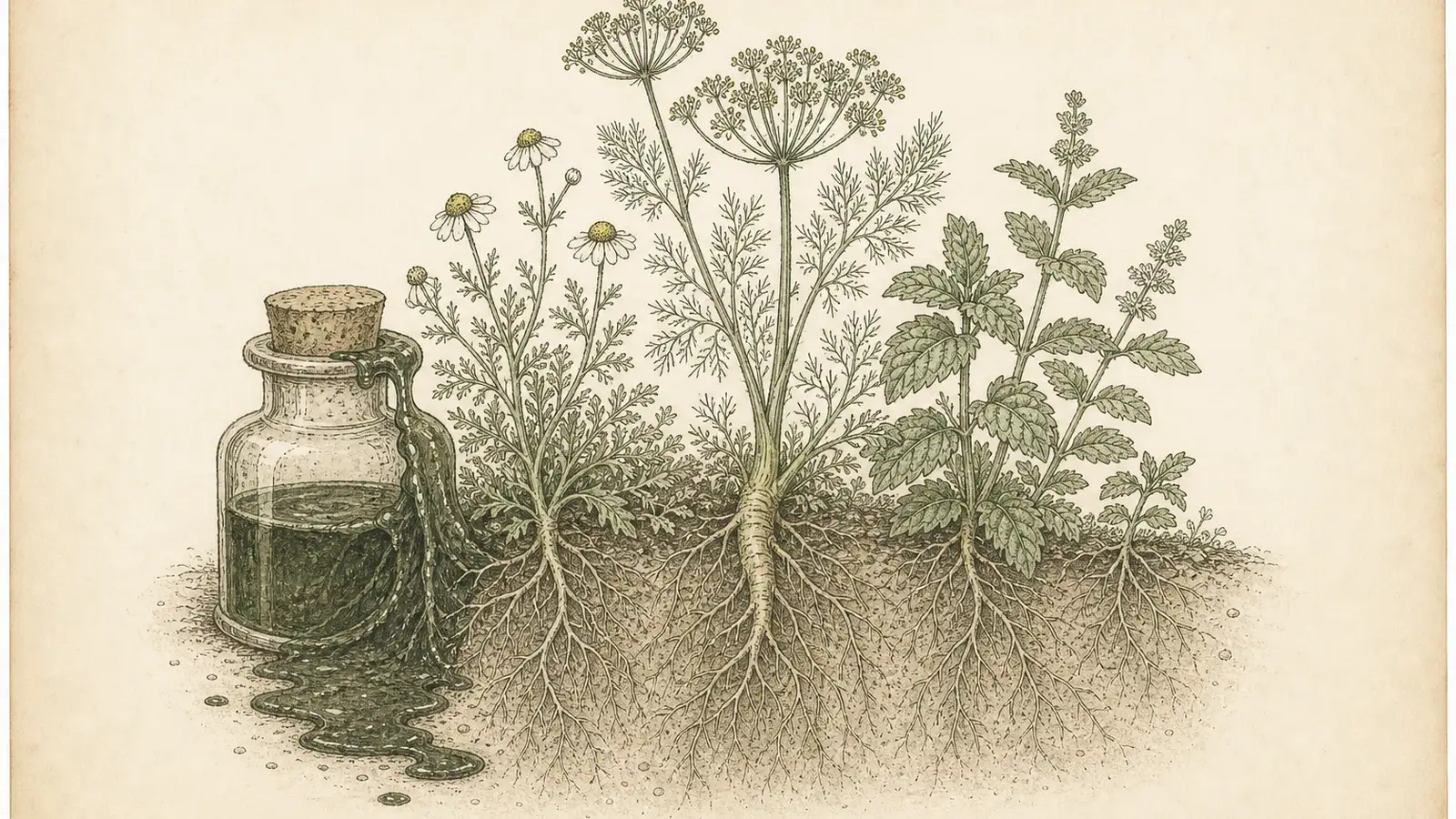 Inked botanical plate of an overflowing apothecary vessel beside rooted chamomile, fennel and mint