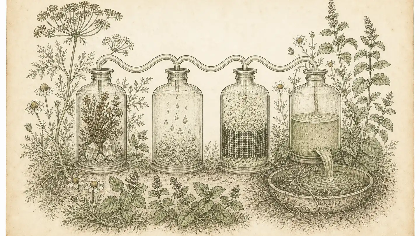 Sepia botanical plate of four linked apothecary vessels showing bile crystals, enzymes, bubbling gas, and a frayed strainer